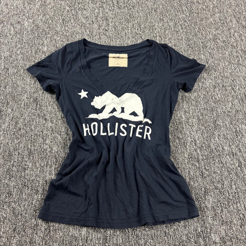 Y2K Surf Hollister California Graphic V-Neck T-Shirt Navy Blue Small